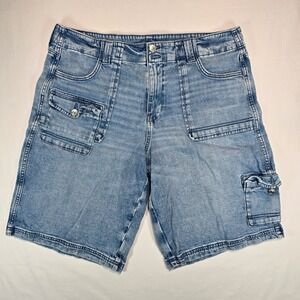 American Eagle Womens 16 Cargo Denim Shorts Light Wash Stretch Real Good Utility